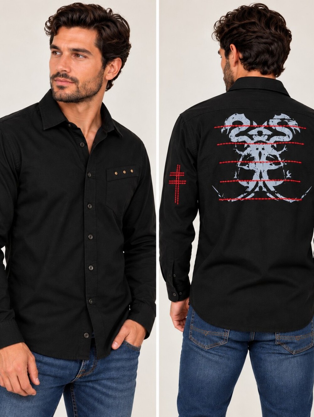 Rare Vintage Denim Friendly Black Graphic Embroidered Shirt Men's Large